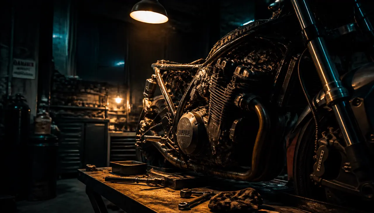 Mecânico analisando o motor de uma motocicleta na oficina